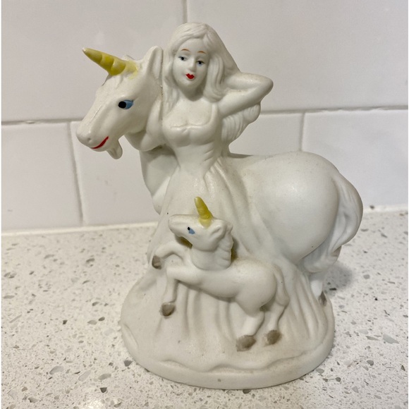 Vintage Flambro Fine Porcelain Woman with Unicorn and Foal Figurine - Picture 1 of 6